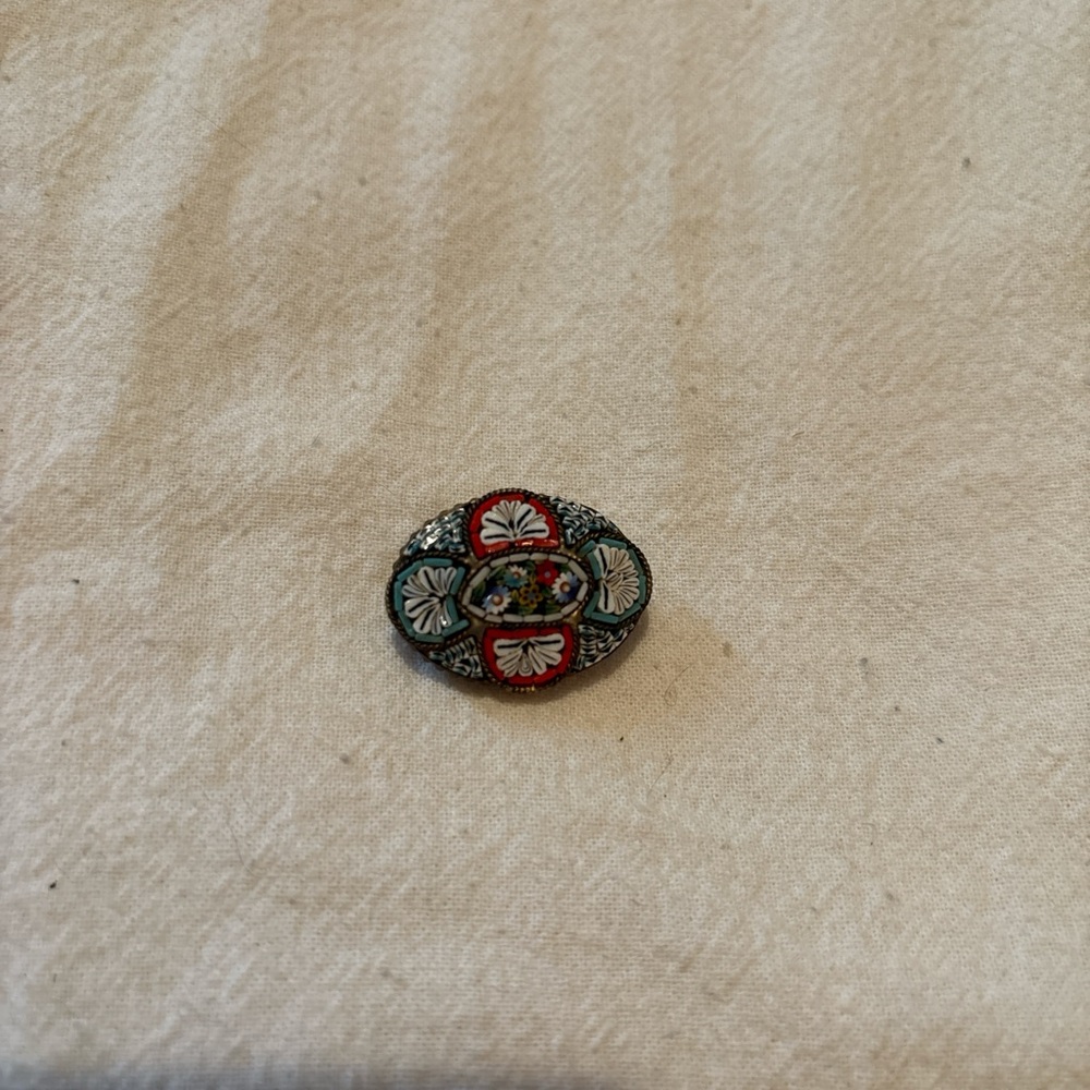 Colorful Oval Micromosiac Enamel Brooch - Red, Turquoise, White